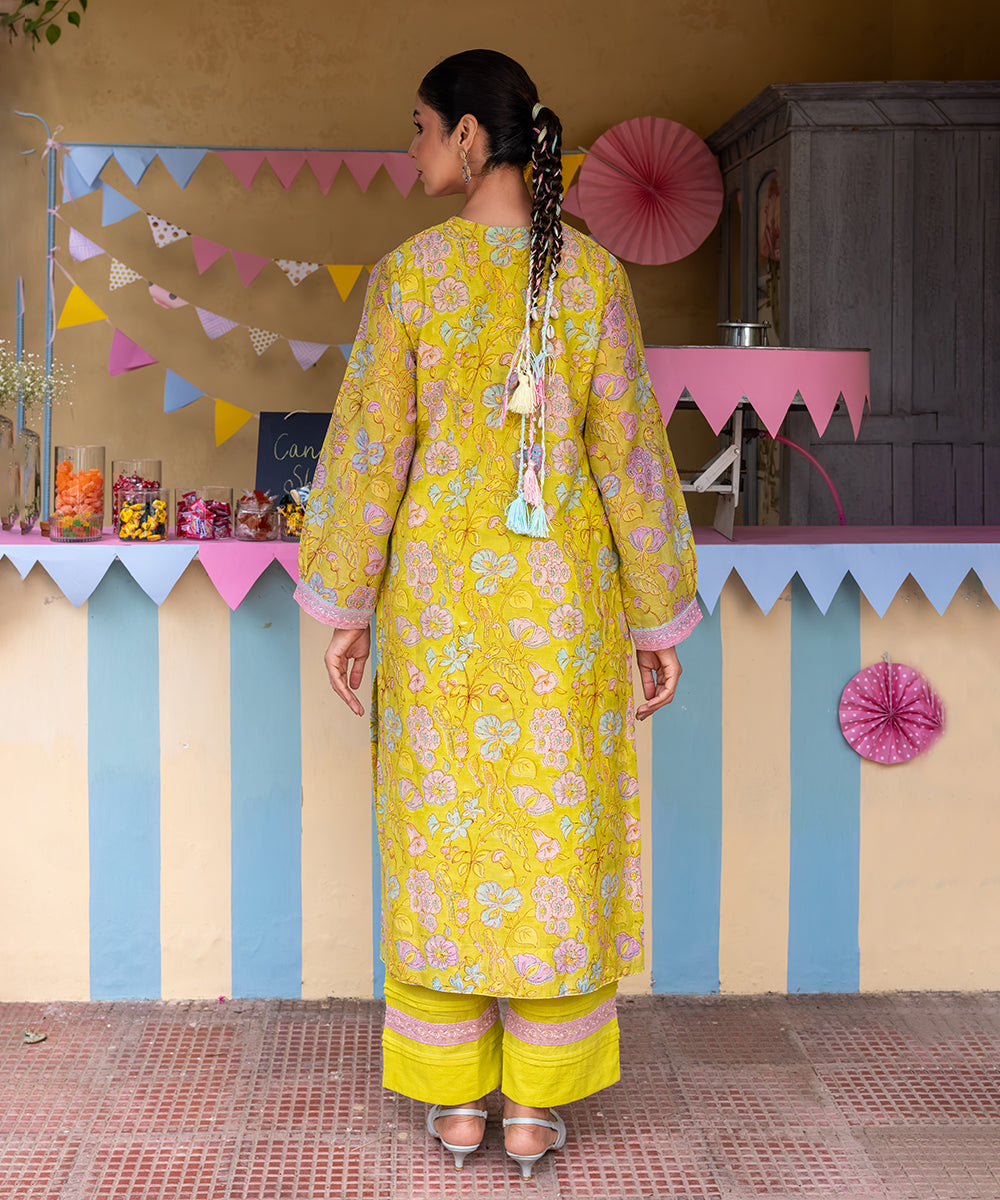 Cotton Candy Lime Green Chanderi Mulmul Kurta set of 2