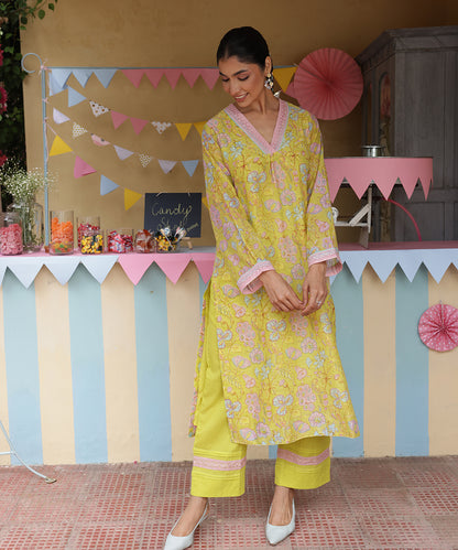 Cotton Candy Lime Green Chanderi Mulmul Kurta set of 2