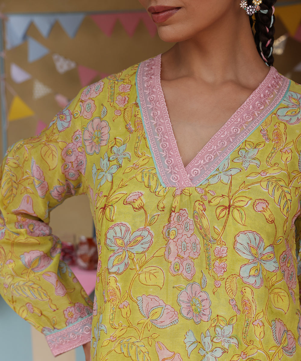Cotton Candy Lime Green Chanderi Mulmul Kurta set of 2