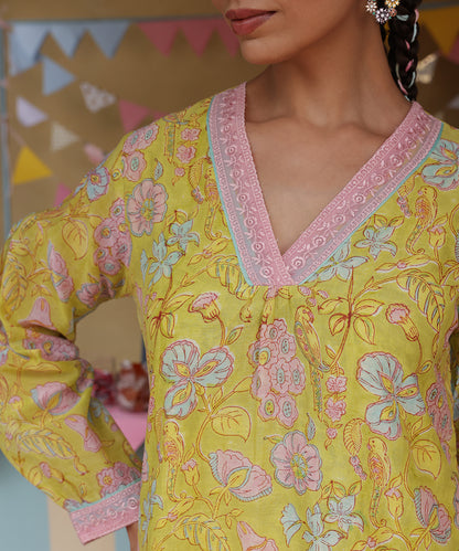 Cotton Candy Lime Green Chanderi Mulmul Kurta set of 2