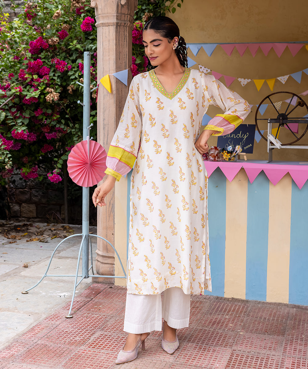 Cotton Candy White Green Chanderi Mulmul Kurta set of 2