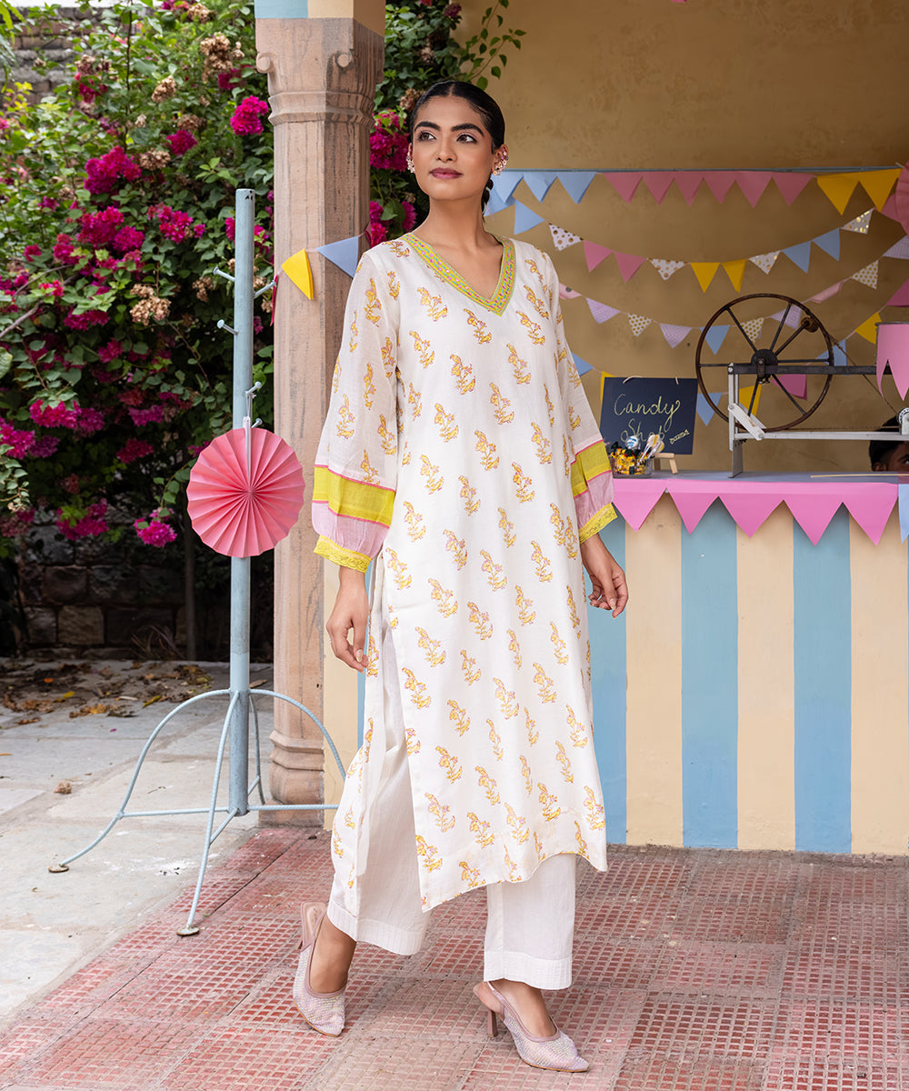 Cotton Candy White Green Chanderi Mulmul Kurta set of 2