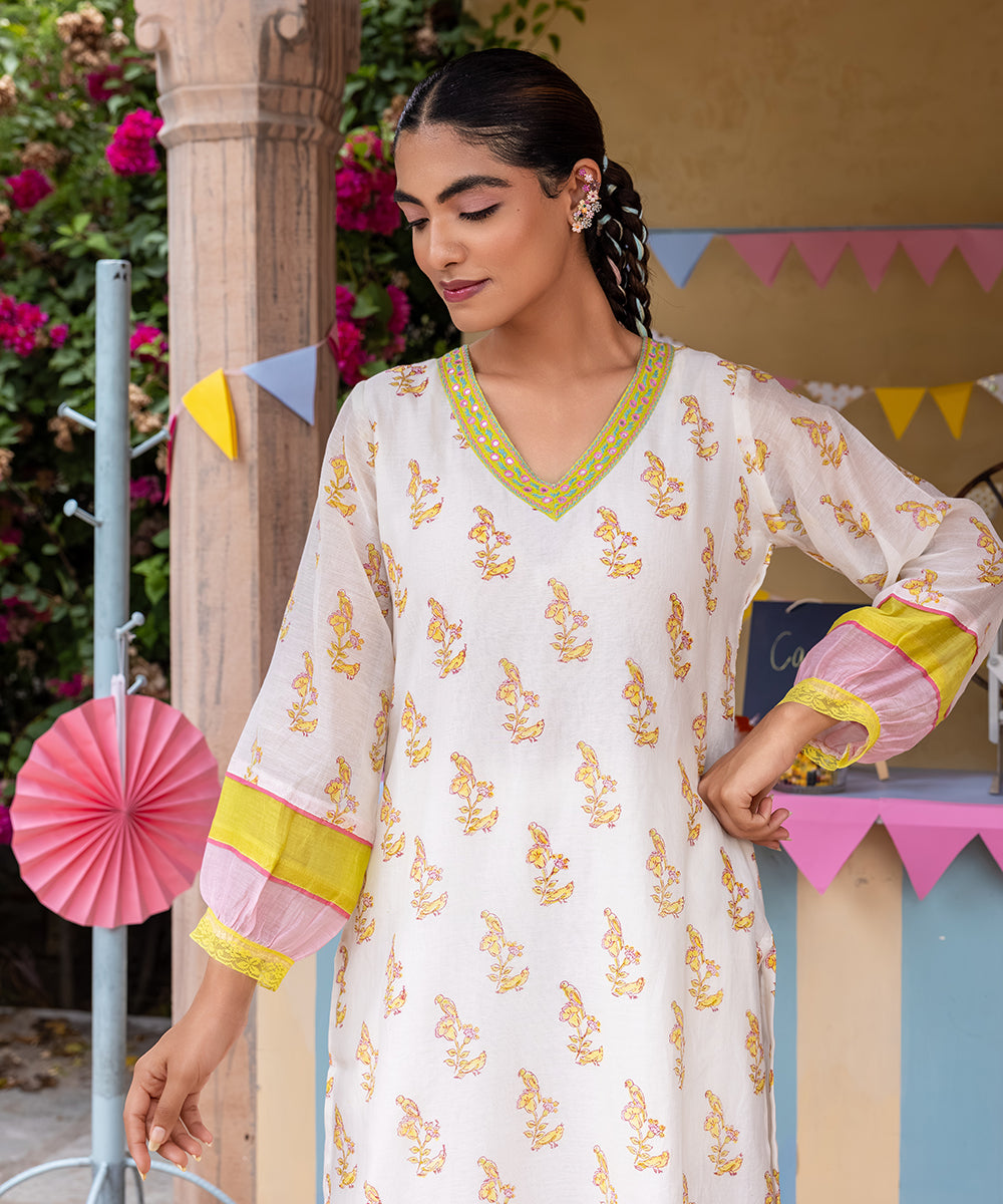 Cotton Candy White Green Chanderi Mulmul Kurta set of 2