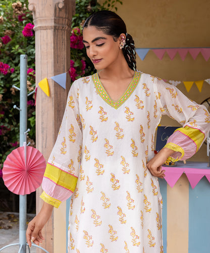Cotton Candy White Green Chanderi Mulmul Kurta set of 2