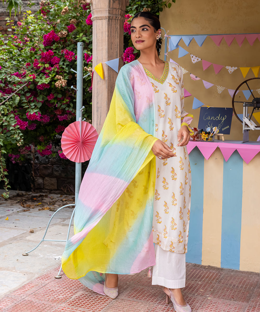 Cotton Candy White Green Chanderi Mulmul Kurta set of 3