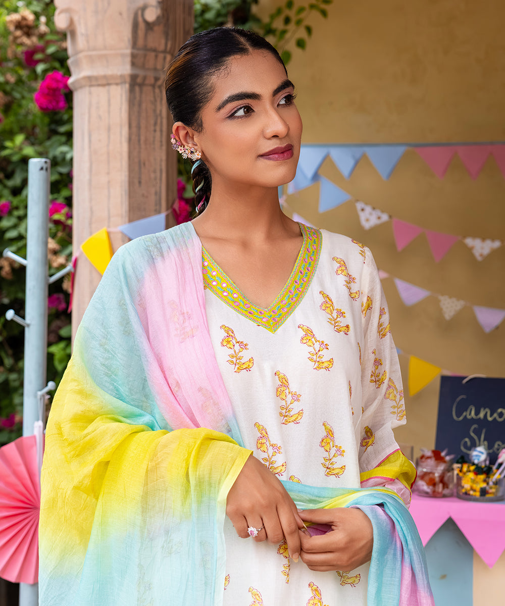 Cotton Candy White Green Chanderi Mulmul Kurta set of 3