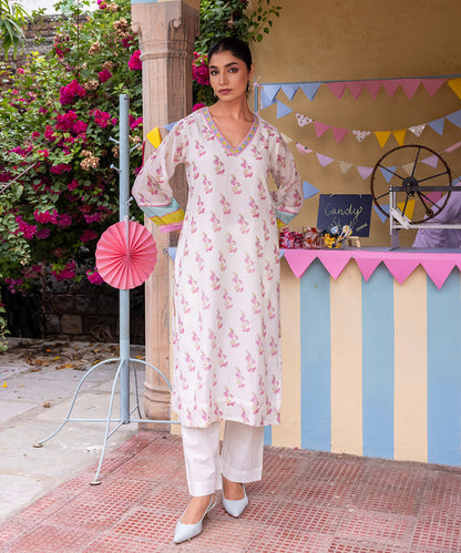 Cotton Candy White Pink Chanderi Mulmul Kurta set of 2