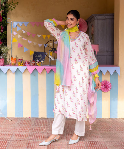Cotton Candy White Pink Chanderi Mulmul Kurta set of 3