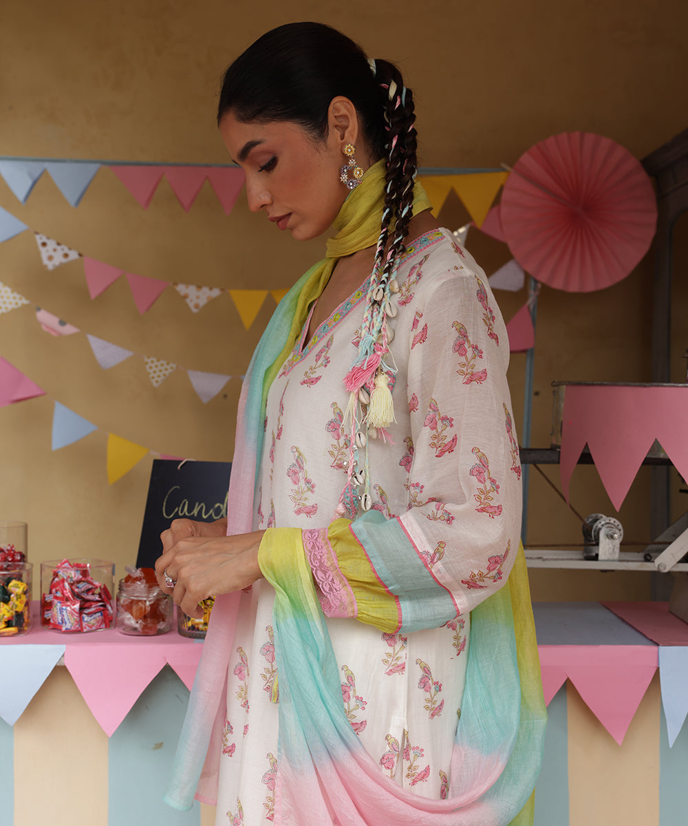 Cotton Candy White Pink Chanderi Mulmul Kurta set of 3