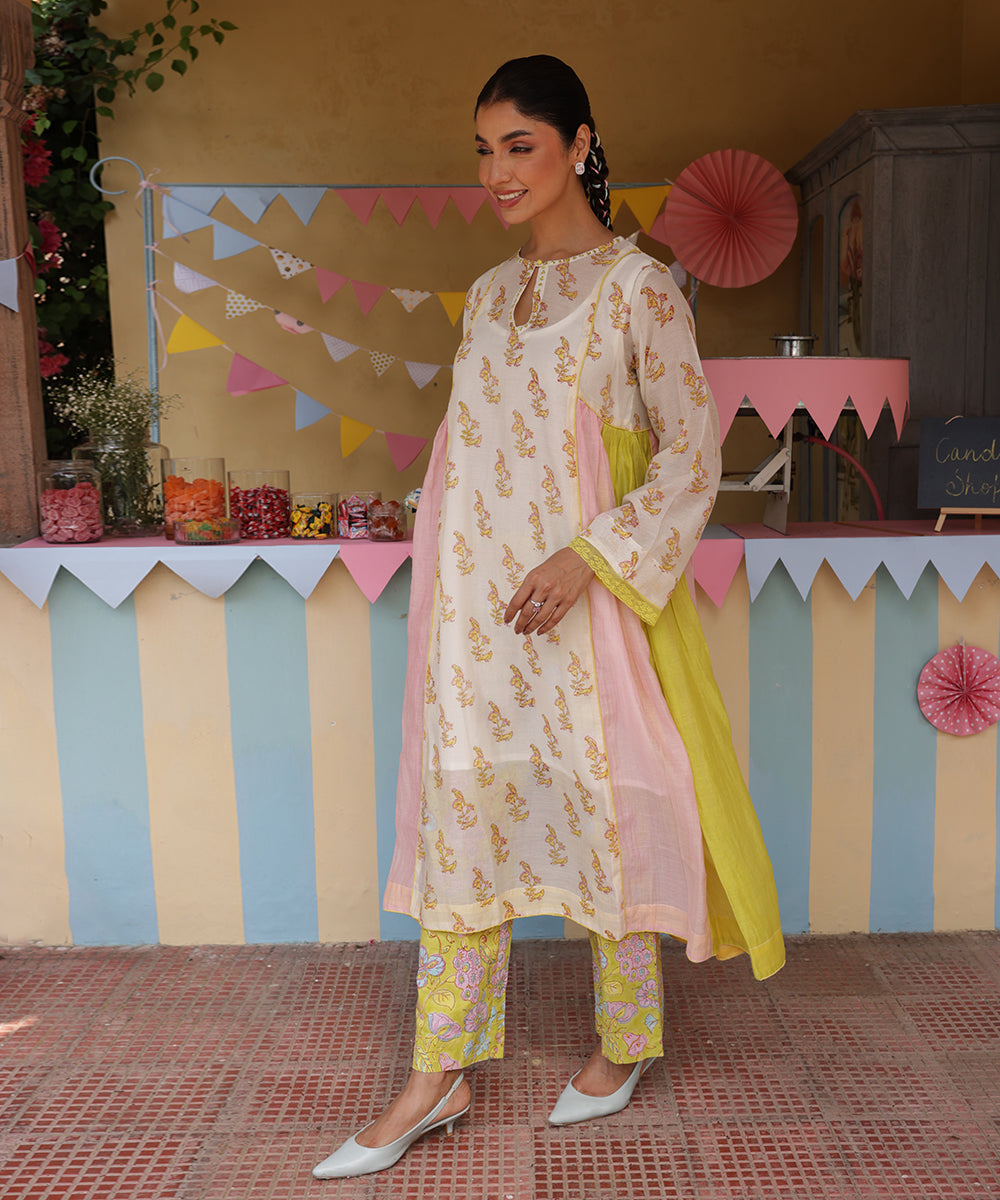 Cotton Candy White Green Chanderi Mulmul  A - Line Kurta set of 3