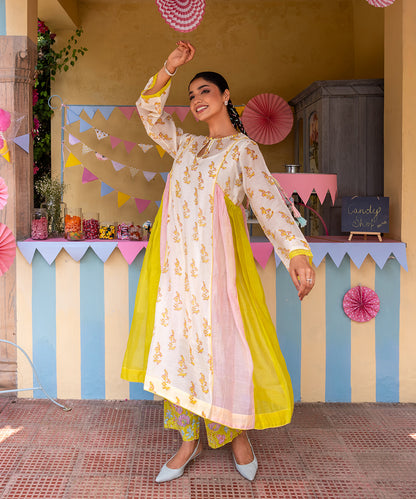 Cotton Candy White Green Chanderi Mulmul  A - Line Kurta set of 3
