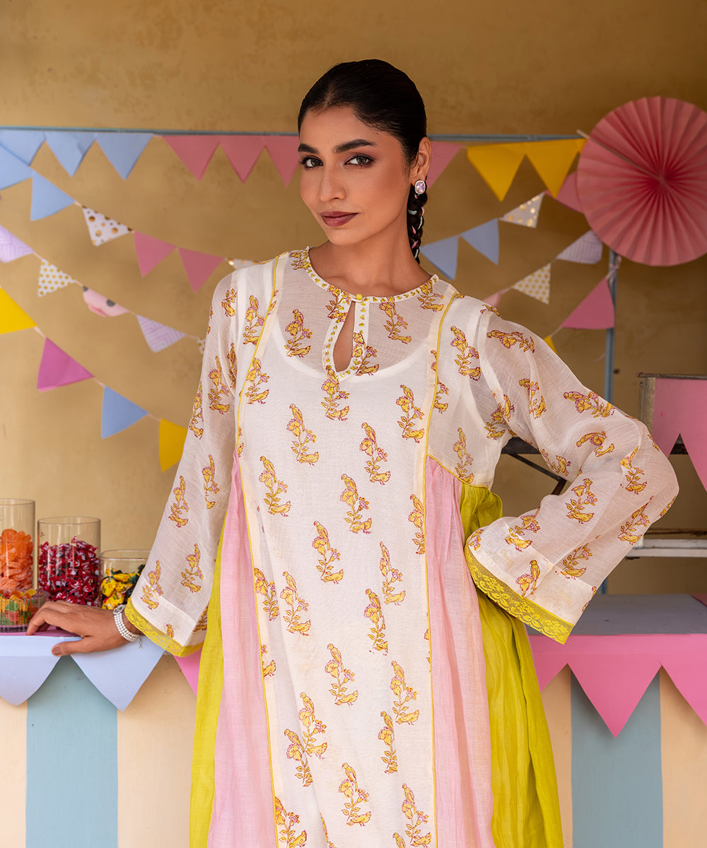 Cotton Candy White Green Chanderi Mulmul  A - Line Kurta set of 3