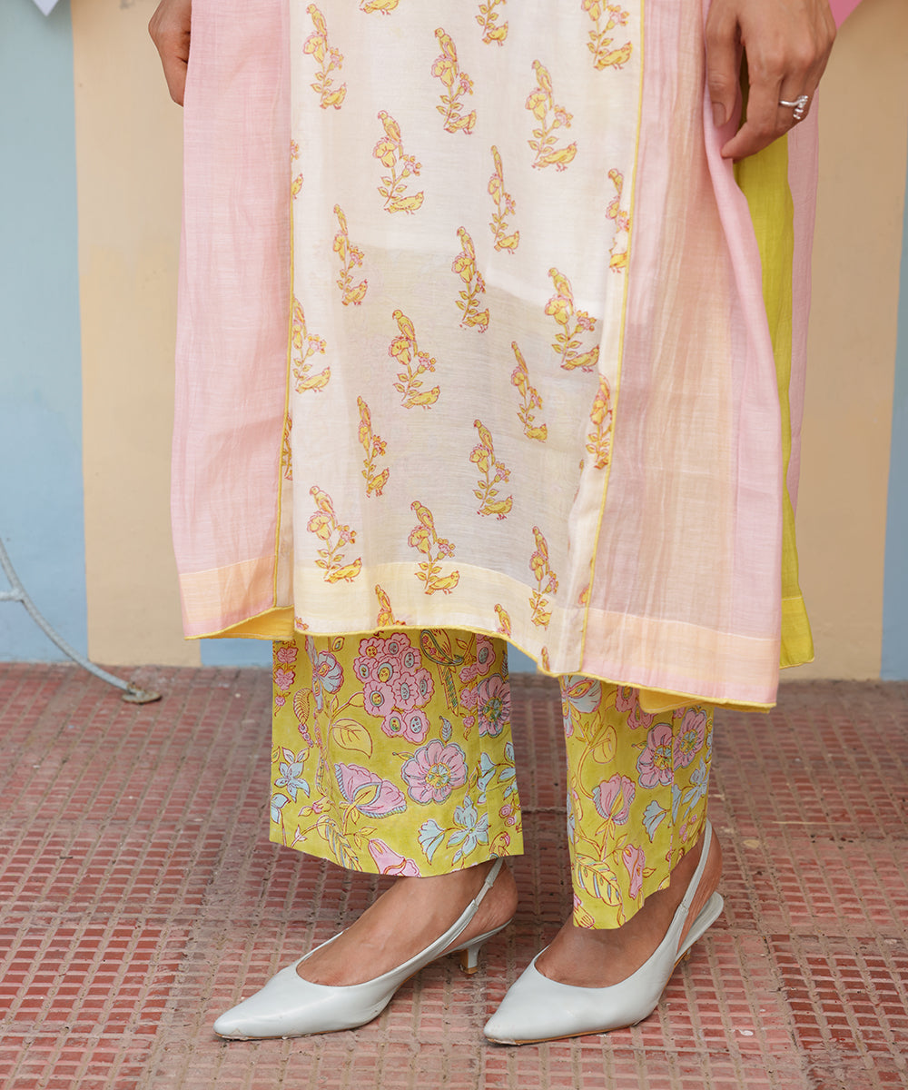Cotton Candy White Green Chanderi Mulmul  A - Line Kurta set of 3