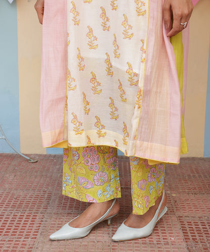 Cotton Candy White Green Chanderi Mulmul  A - Line Kurta set of 3
