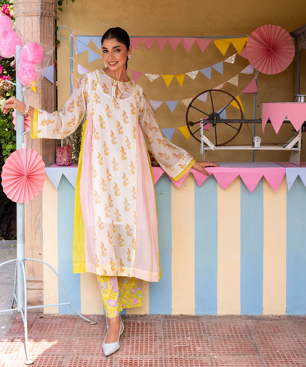 Cotton Candy White Green Chanderi Mulmul  A - Line Kurta set of 3