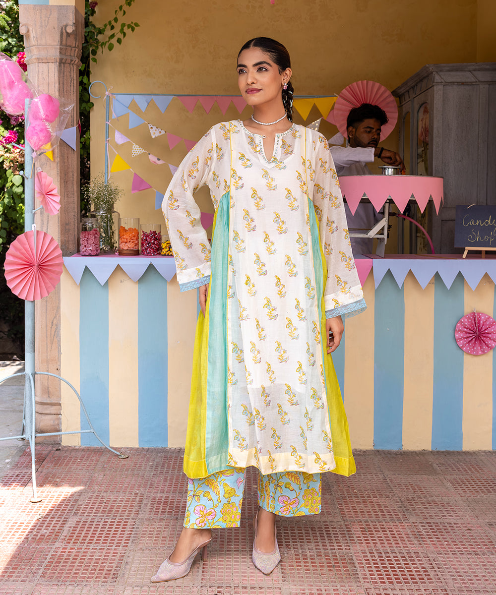 Cotton Candy White Blue Chanderi Mulmul  A -Line Kurta set of 3