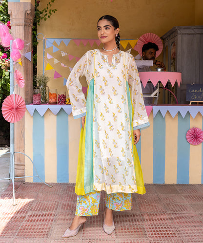 Cotton Candy White Blue Chanderi Mulmul  A -Line Kurta set of 3