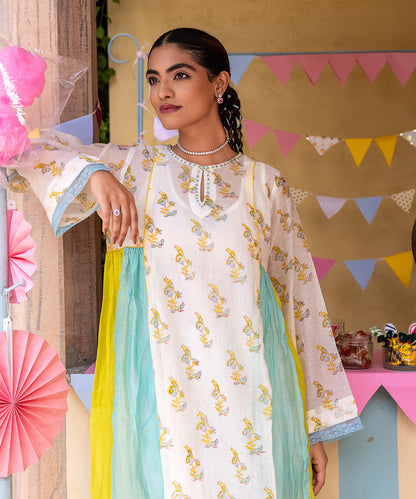 Cotton Candy White Blue Chanderi Mulmul  A -Line Kurta set of 3