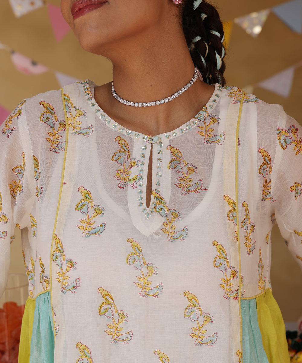 Cotton Candy White Blue Chanderi Mulmul  A -Line Kurta set of 3