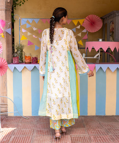 Cotton Candy White Blue Chanderi Mulmul  A -Line Kurta set of 3
