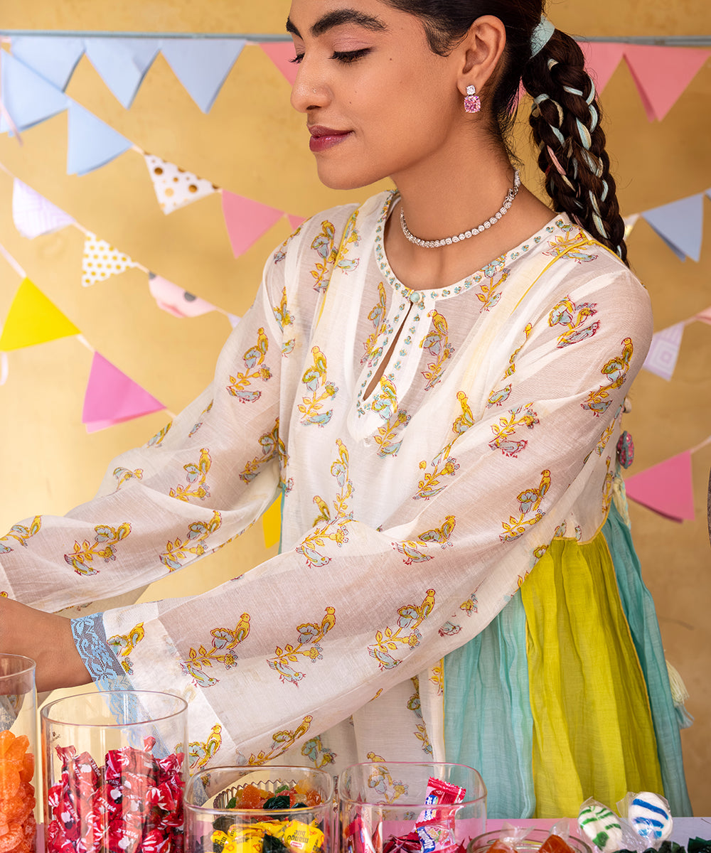 Cotton Candy White Blue Chanderi Mulmul  A -Line Kurta set of 3