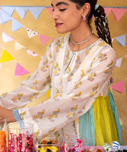 Cotton Candy White Blue Chanderi Mulmul  A -Line Kurta set of 3