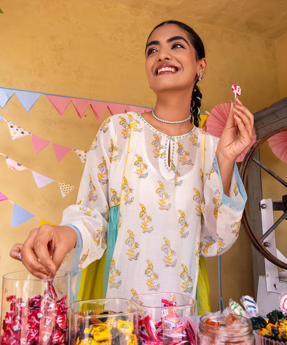 Cotton Candy White Blue Chanderi Mulmul  A -Line Kurta set of 3