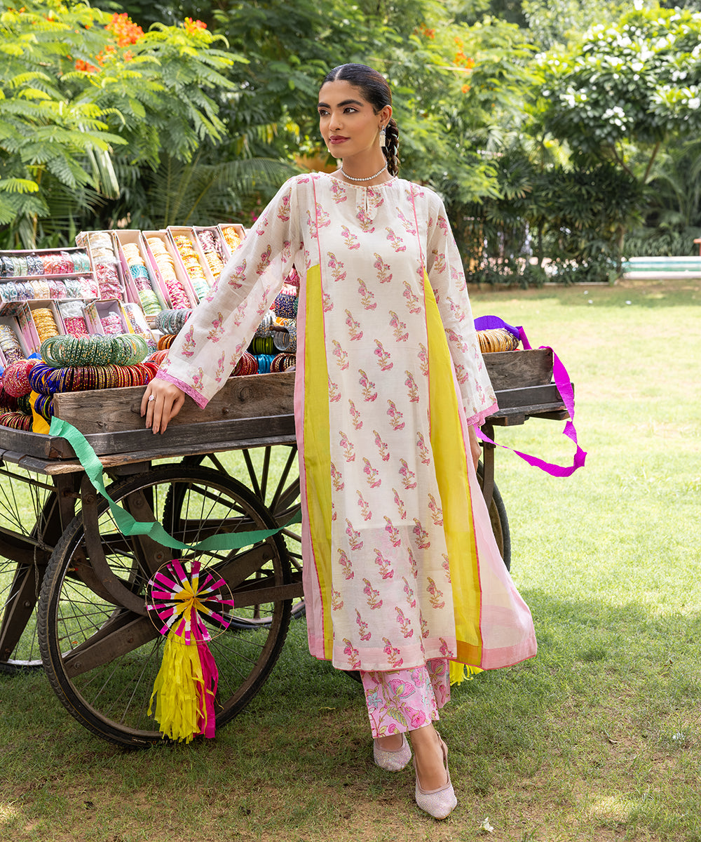 Cotton Candy White Pink Chanderi Mulmul  A -Line Kurta set of 3
