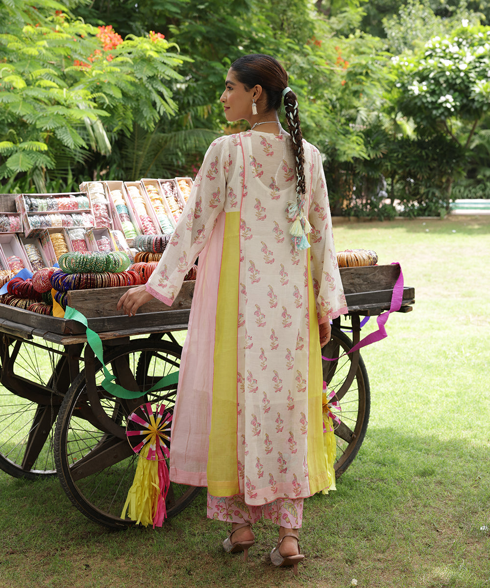 Cotton Candy White Pink Chanderi Mulmul  A -Line Kurta set of 3