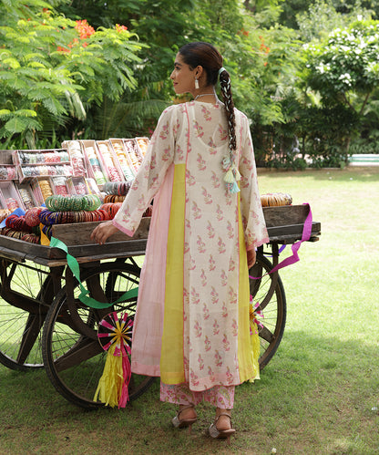 Cotton Candy White Pink Chanderi Mulmul  A -Line Kurta set of 3