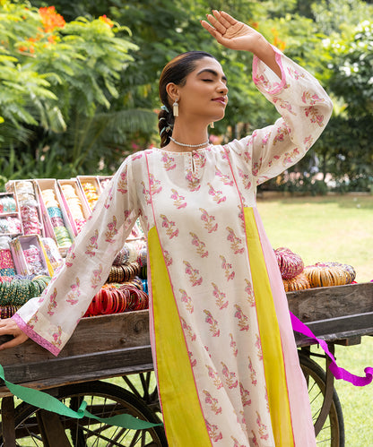Cotton Candy White Pink Chanderi Mulmul  A -Line Kurta set of 3
