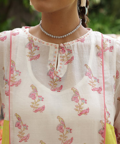 Cotton Candy White Pink Chanderi Mulmul  A -Line Kurta set of 3