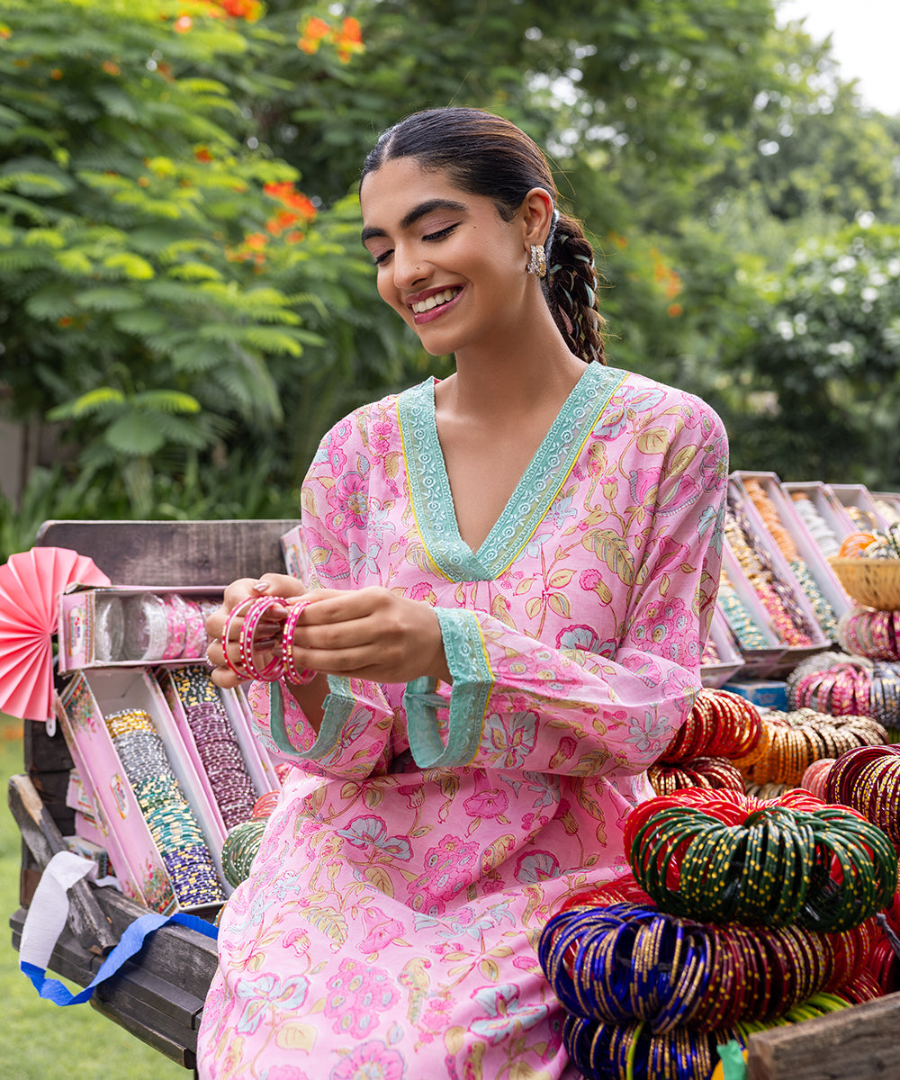 Cotton Candy Light Pink Chanderi Mulmul Kurta set of 3