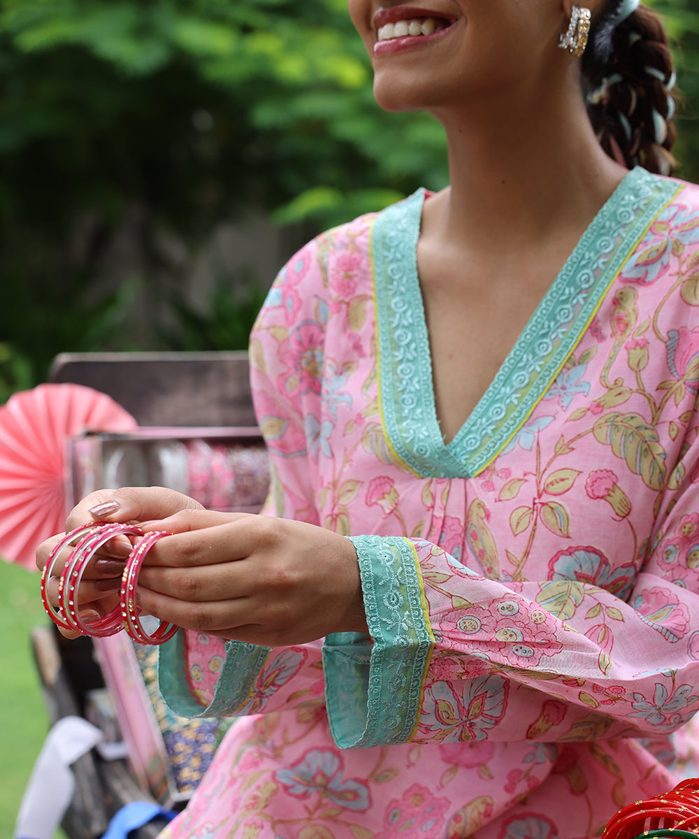 Cotton Candy Light Pink Chanderi Mulmul Kurta set of 3