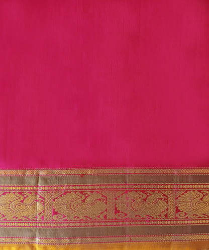 Beige Handloom Pure Silk Gadhwal Saree With Pink Border And Pallu