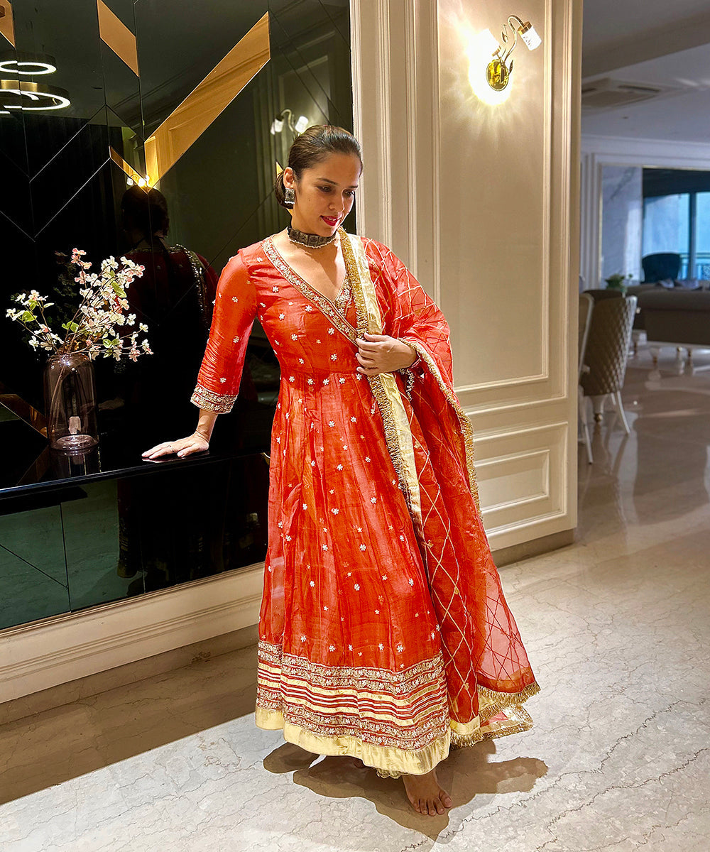 Saina Nehwal In Handloom Rust Orange Angrakha Set Ready To Wear Silk Ensembles
