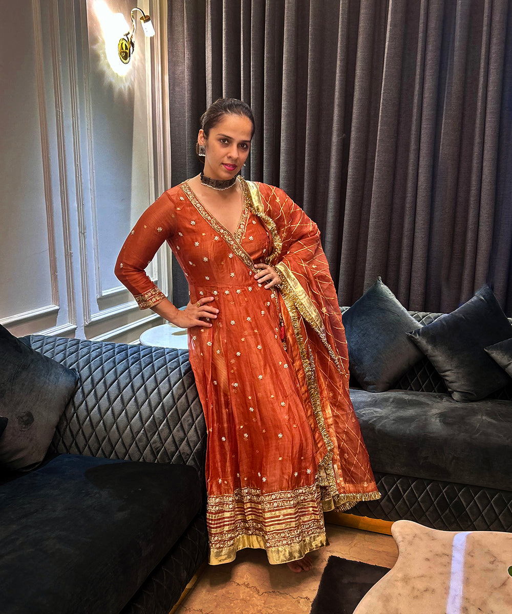Saina Nehwal In Handloom Rust Orange Angrakha Set Ready To Wear Silk Ensembles