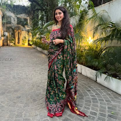 Green And Maroon Handloom Pure Mulberry Silk Ikat Patola Saree