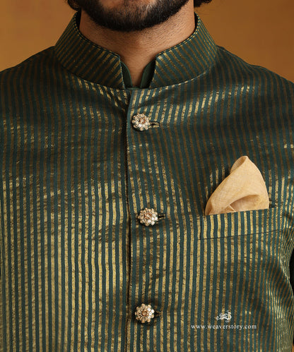 Green_Hand_Embroidered_Chanderi_Kurta_Set_With_Tissue_Nehru_Jacket_And_Embroidered_Bottons_WeaverStory_06