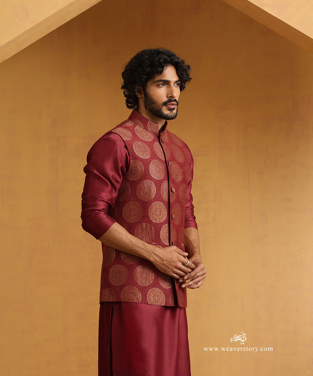 Maroon_Hand_Embroidered_Chanderi_Kurta_Set_With_Moonga_Silk_Nehru_Jacket_WeaverStory_02