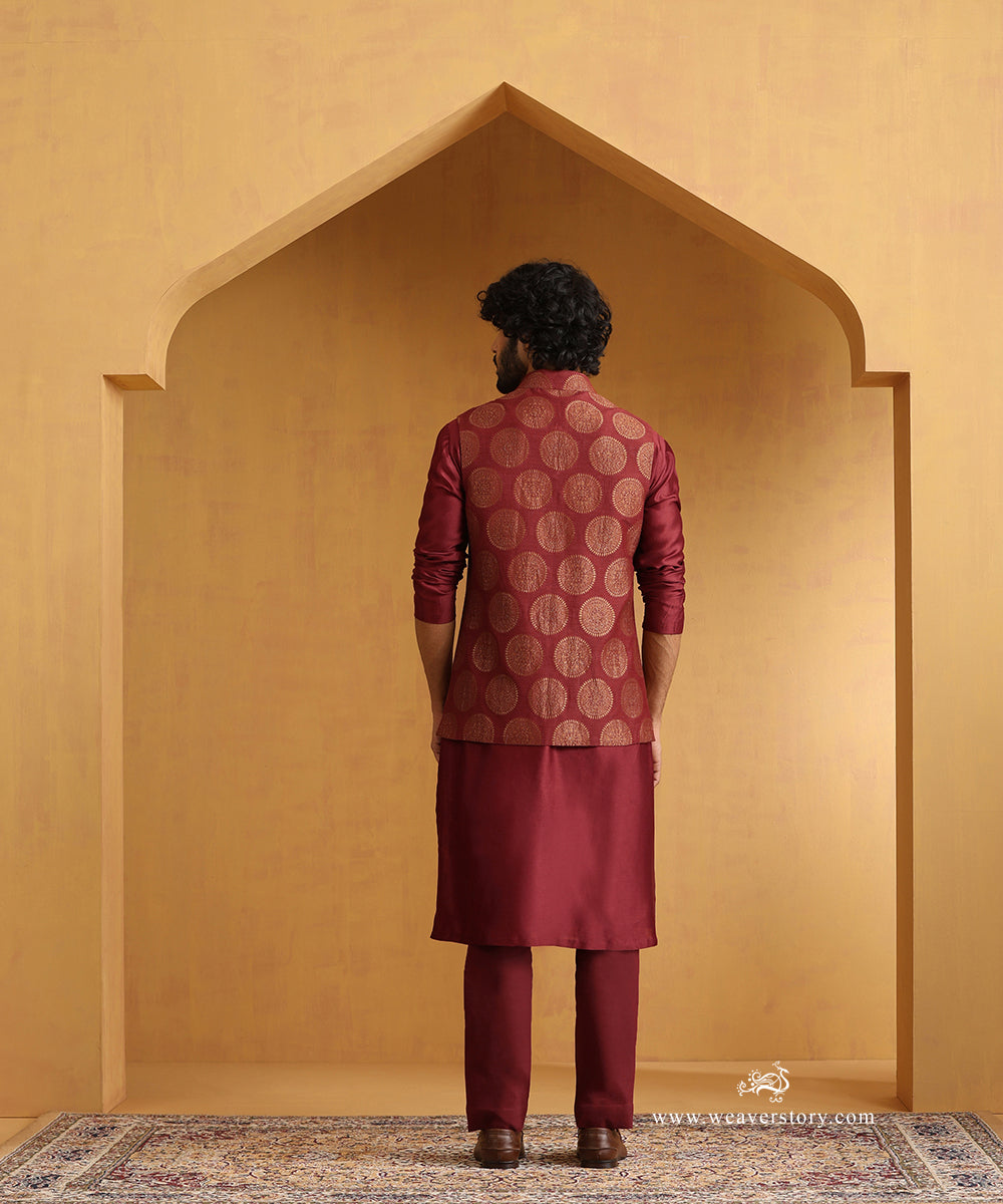 Maroon_Hand_Embroidered_Chanderi_Kurta_Set_With_Moonga_Silk_Nehru_Jacket_WeaverStory_04