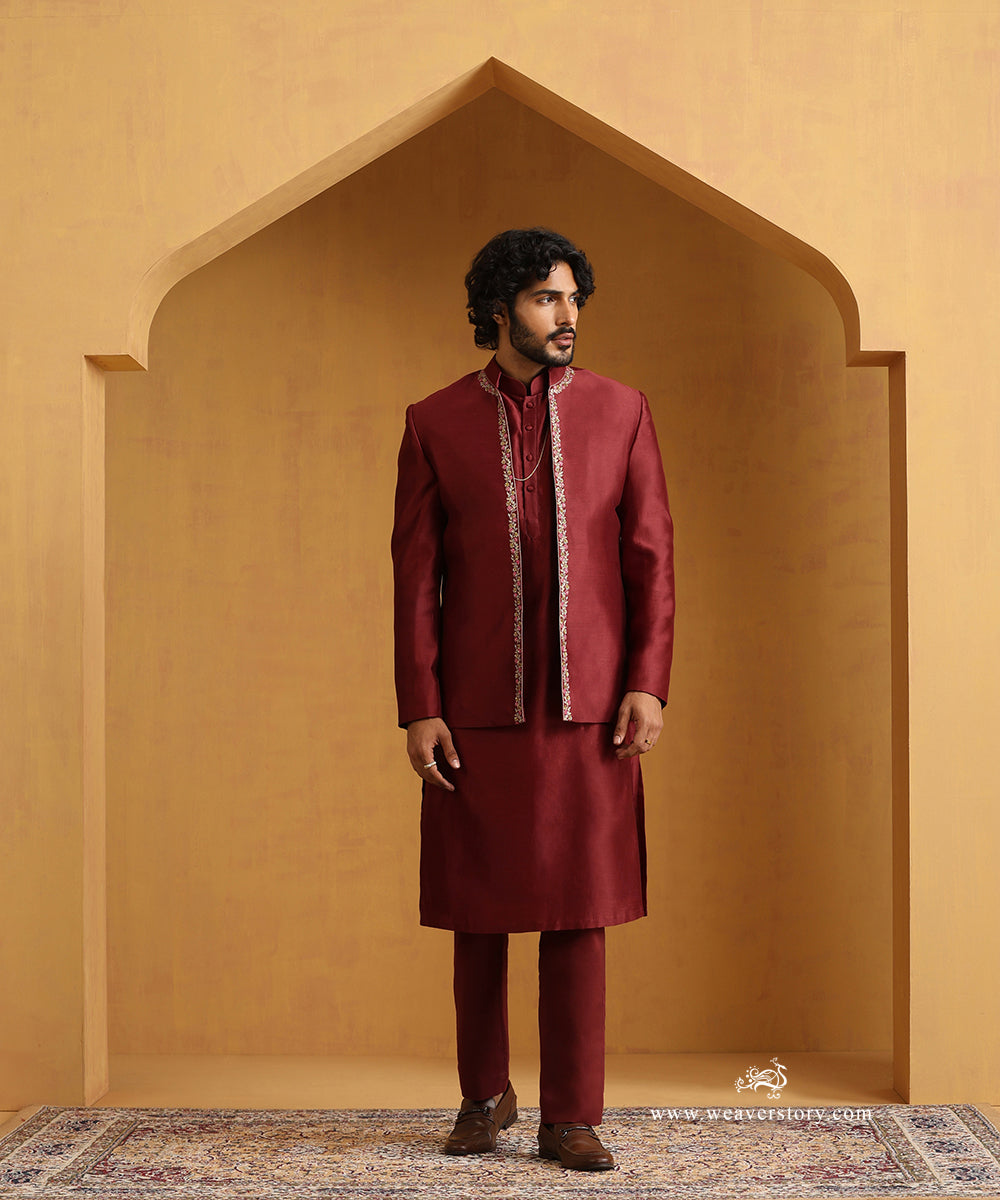 Maroon_Hand_Embroidered_Chanderi_Kurta_Set_With_Chanderi_Silk_Bandgala_Nehru_Jacket_WeaverStory_01