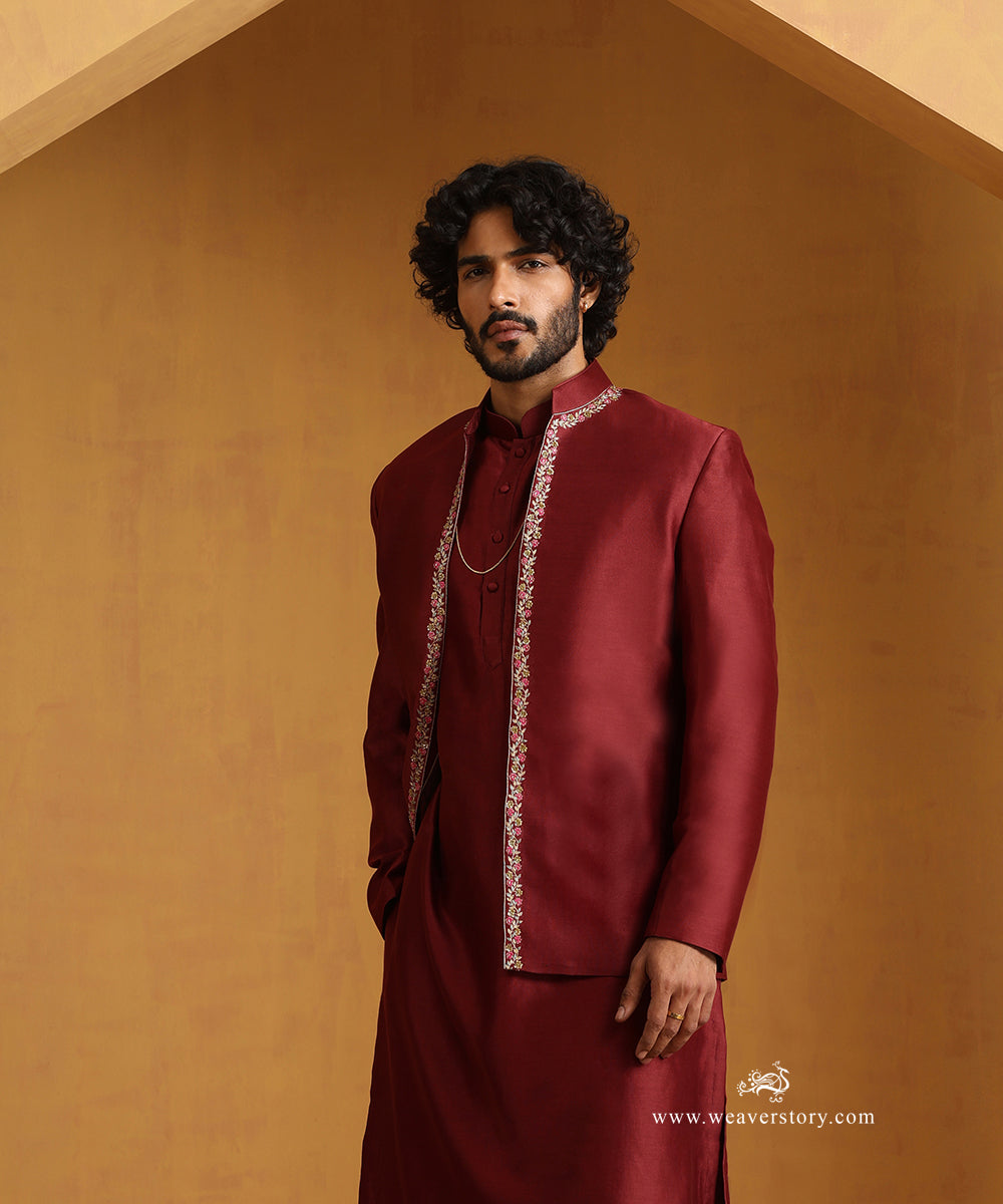 Maroon_Hand_Embroidered_Chanderi_Kurta_Set_With_Chanderi_Silk_Bandgala_Nehru_Jacket_WeaverStory_02