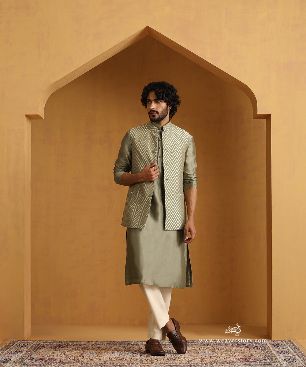 Moss_Green_Hand_Embroidered_Chanderi_Kurta_Set_With_Moonga_Silk_Nehru_Jacket_WeaverStory_01