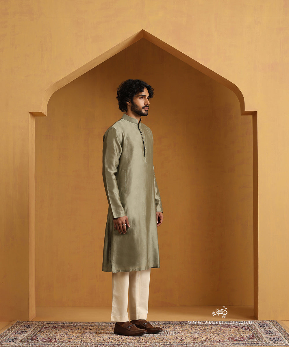 Moss_Green_Hand_Embroidered_Chanderi_Kurta_Set_With_Moonga_Silk_Nehru_Jacket_WeaverStory_03