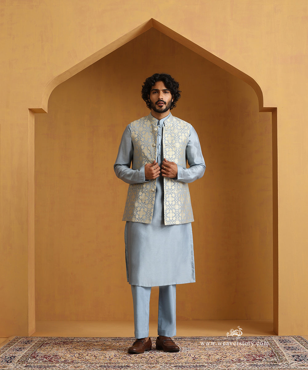 Blue_Hand_Embroidered_Chanderi_Kurta_Set_With_Moonga_Silk_Nehru_Jacket_WeaverStory_01