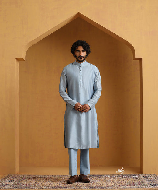 Blue Chanderi Kurta Set With Moonga Silk Nehru Jacket