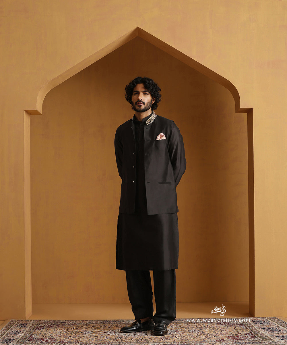 Black_Chanderi_Kurta_With_Salwar_And_Nehru_Jacket_With_Hand_Embroidered_Collar_WeaverStory_01