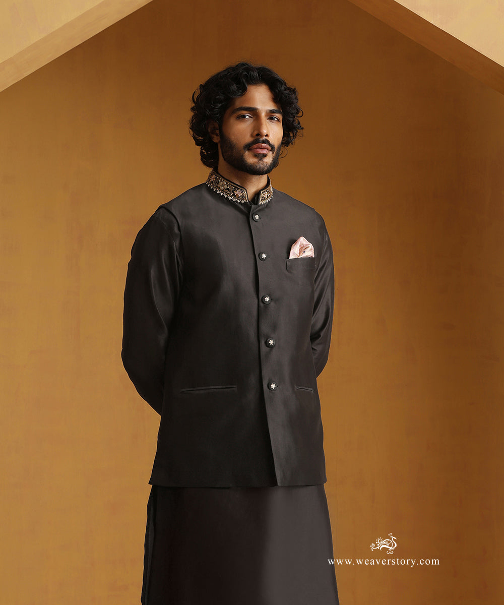 Black_Chanderi_Kurta_With_Salwar_And_Nehru_Jacket_With_Hand_Embroidered_Collar_WeaverStory_02