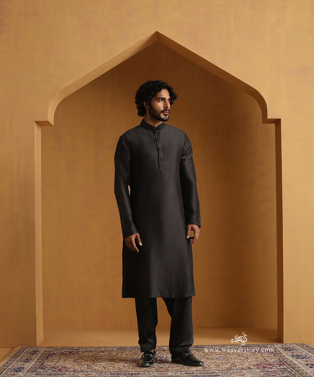 Black_Chanderi_Kurta_With_Salwar_And_Nehru_Jacket_With_Hand_Embroidered_Collar_WeaverStory_03